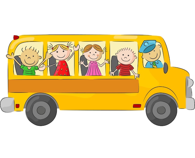 Cartoon klein kind in de gele bus