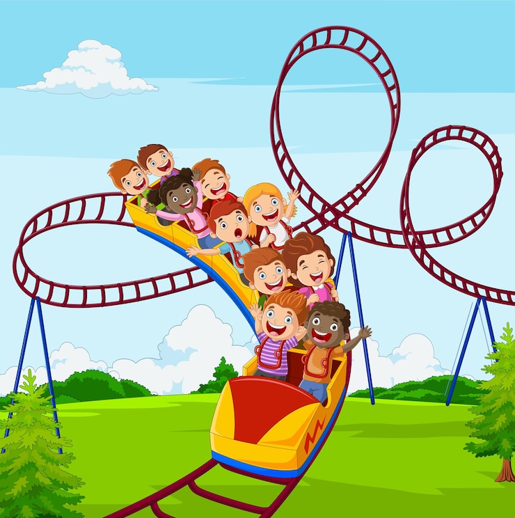 Cartoon klein kind spelen in achtbaan