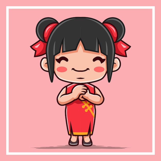 Cartoon klein meisje dat chinees nieuwjaar viert