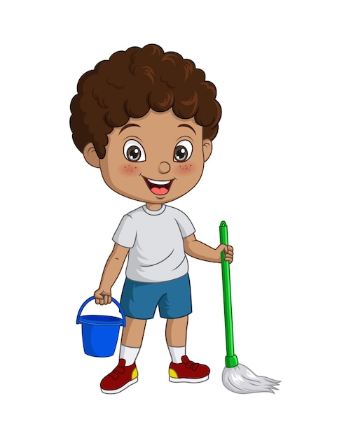 Vector cartoon kleine afrikaanse jongen vloer schoonmaken