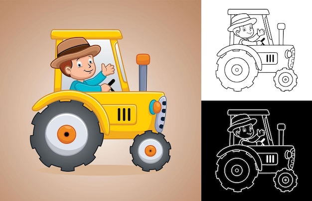 Cartoon kleine jongen boer op tractor