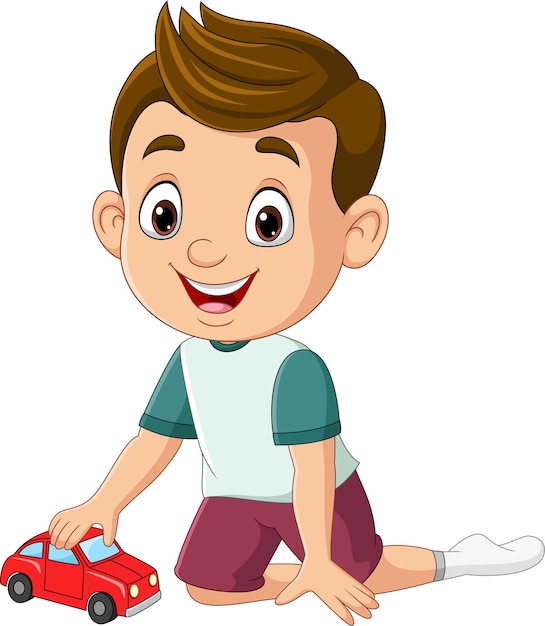 Cartoon kleine jongen die speelgoedauto speelt