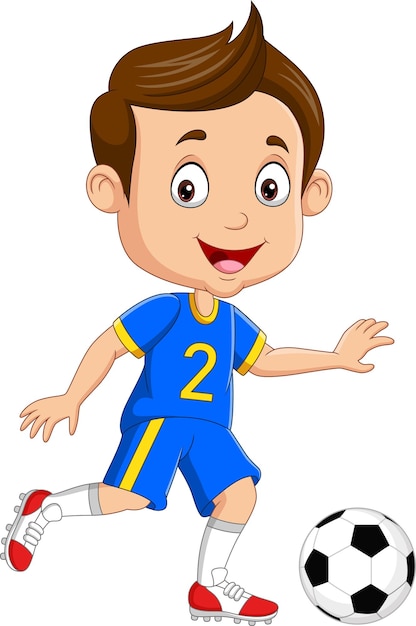 Cartoon kleine jongen die voetbal speelt