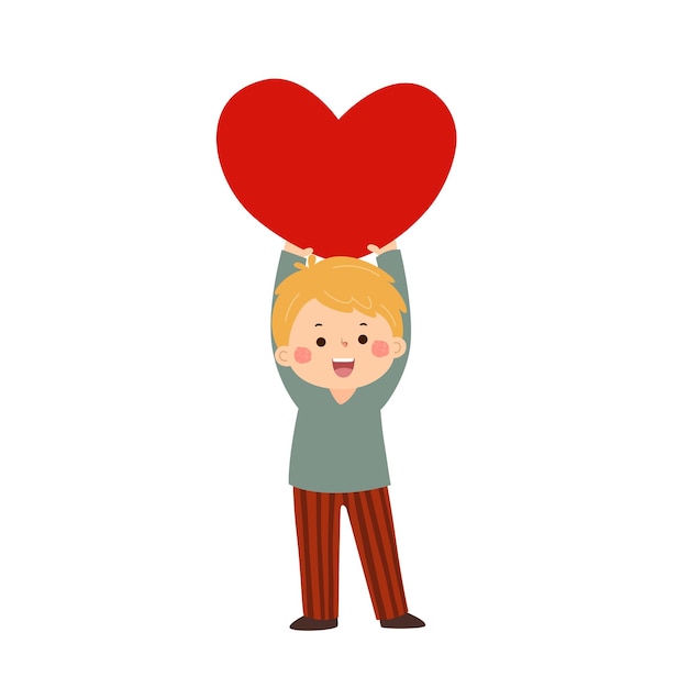 Vector cartoon kleine jongen met een groot rood hart valentijnsdag concept