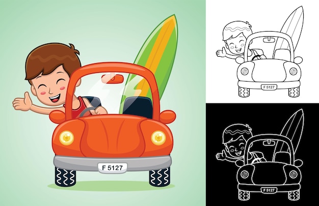 Cartoon kleine jongen op auto met surfplank