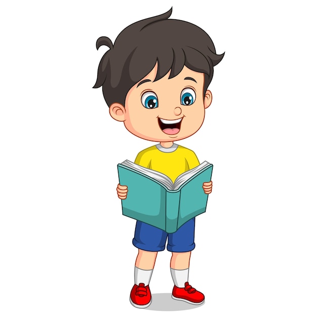 Vector cartoon kleine jongen staat en leest een boek