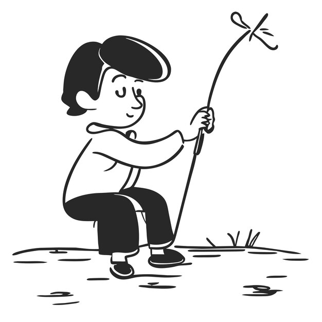 Cartoon kleine jongen vissen in een rivier met de hand getekende cartoon sticker icoon concept geïsoleerde illustratie