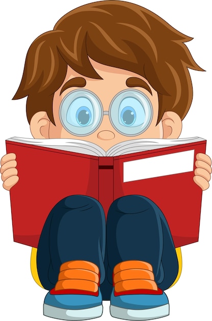 Cartoon kleine jongen zitten en lezen van een boek