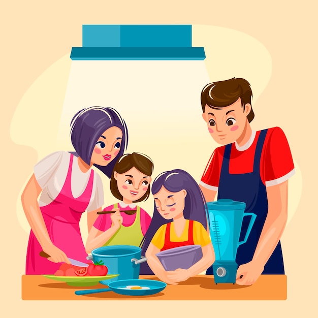 Cartoon Kleur personages Mensen Familie Koken Concept Vector