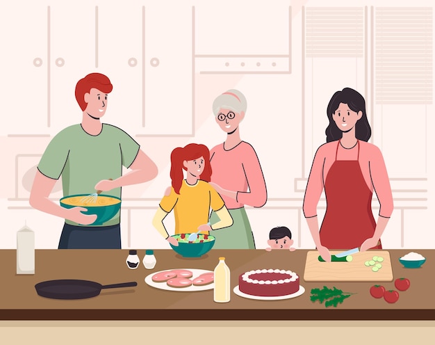 Cartoon Kleur personages Mensen Familie Koken Concept Vector