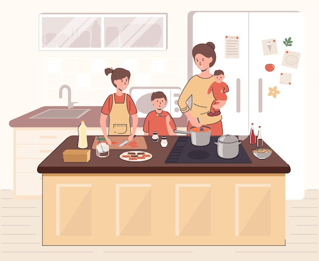 Cartoon Kleur personages Mensen Moeder Koken samen Kinderen Concept Vector