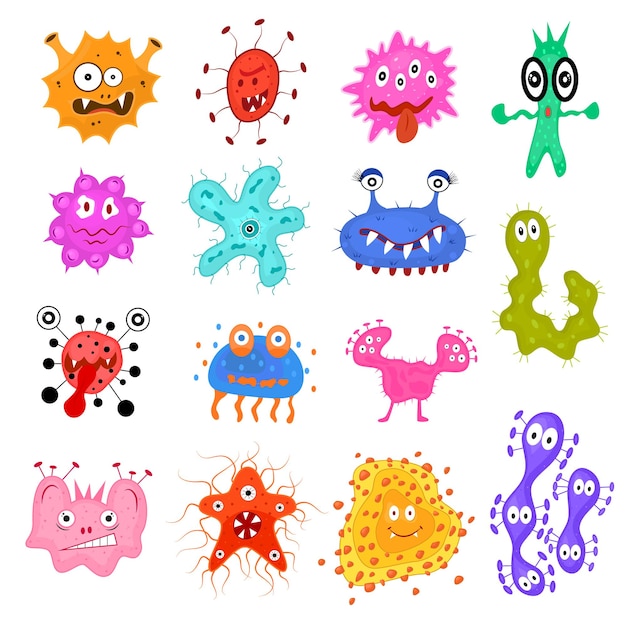 Cartoon kleur tekens bacteriën teken icon set virus concept element platte ontwerpstijl vectorillustratie van pictogrammen