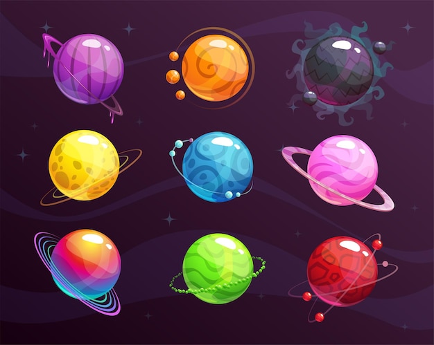 Cartoon kleurrijke fantasie planeten ingesteld op ruimte achtergrond