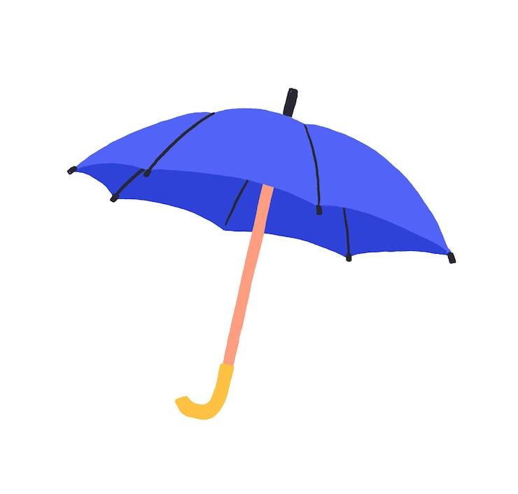 Vector cartoon kleurrijke paraplu vector grafische afbeelding. paarse accessoire met handvat bescherming tegen regen geïsoleerd op een witte achtergrond. seizoensgebonden veiligheidshand getrokken stijlvol regenachtig weersymbool.