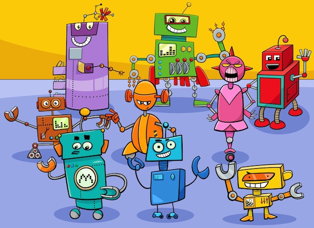 Cartoon kleurrijke robots en droids karakters groep