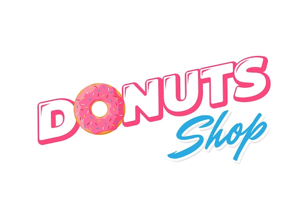 Cartoon kleurrijke smakelijke donut verse bakkerijproducten embleem ontwerp. Geglazuurde donut bovenaanzicht en inscriptie voor de identiteit van het banketbakkerijbedrijf of het ontwerp van het cafémenu. Vector geïsoleerde platte eps illustratie