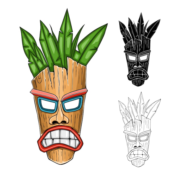 Cartoon kleurrijke Tiki tribal houten masker met bladeren