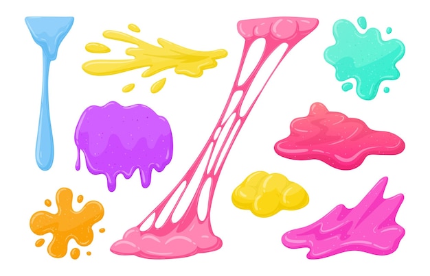 Cartoon kleverig slijm Goo vloeibaar slijm splatters slijm spatten Jelly druipende vlekken platte vector illustratie set