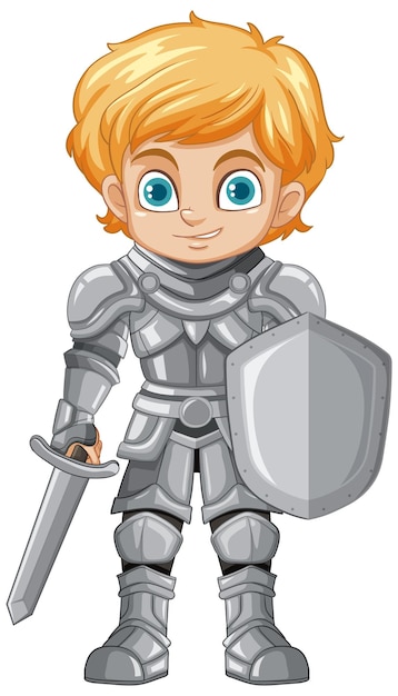 Vector cartoon knight boy holding sword and shield