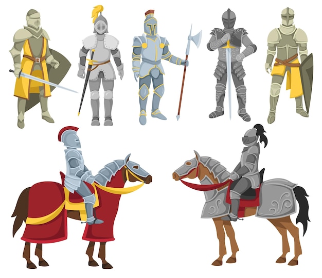 Vettore cavalieri dei cartoni animati cavaliere di cavalleria in armatura da battaglia guerrieri medievali che tengono lo scudo della spada e l'alabarda set di illustrazioni vettoriali per il soldato reale
