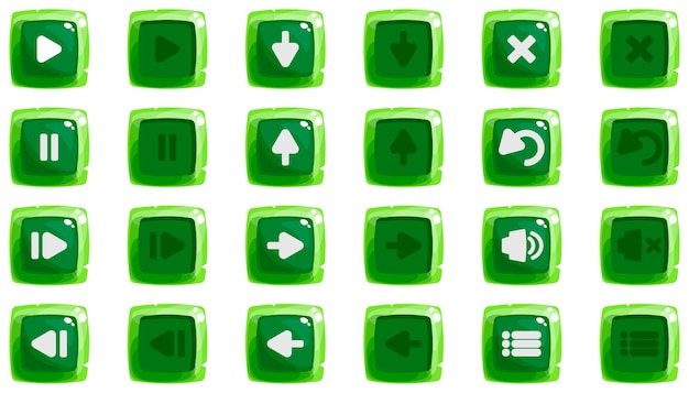 Vector cartoon knoppen set spel met pictogram kit van pictogrammen groene kleur in twee posities