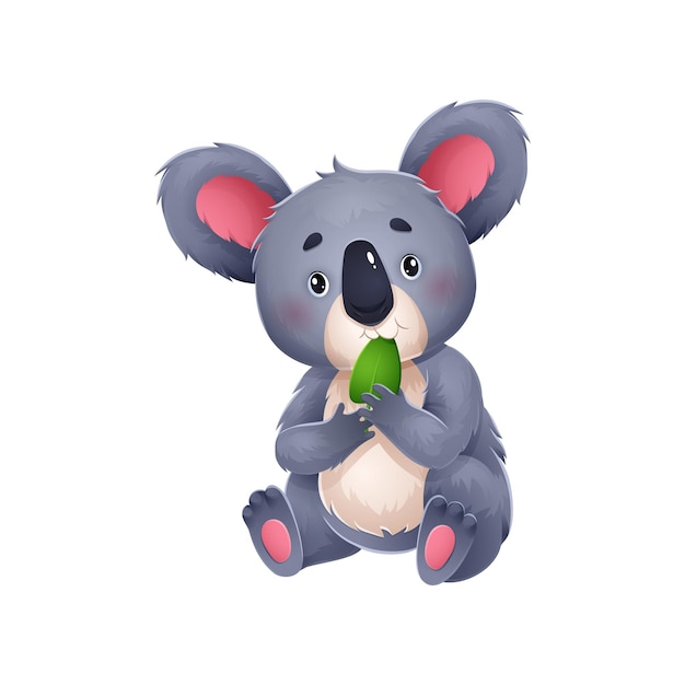 Vector cartoon koala bear munches on a eucalyptus leaf