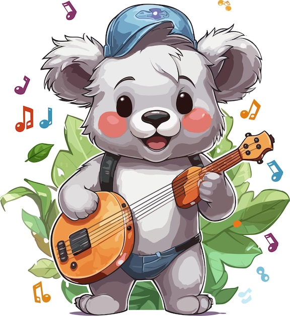 Cartoon koala luistert naar muziek geïsoleerd op wit