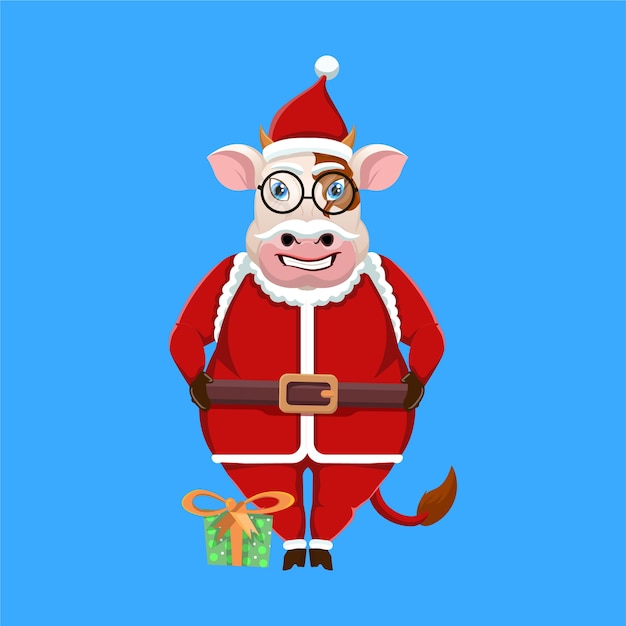 Cartoon koe mascotte santa claus outfit dragen