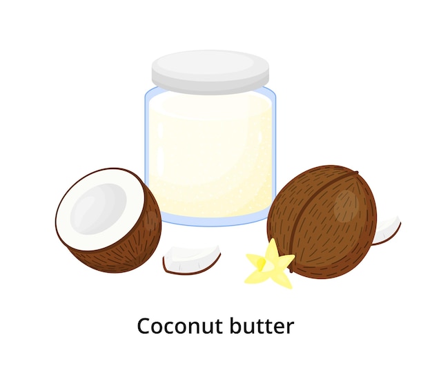 Cartoon kokosboter in glas met rijpe cocos geïsoleerd op een witte achtergrond