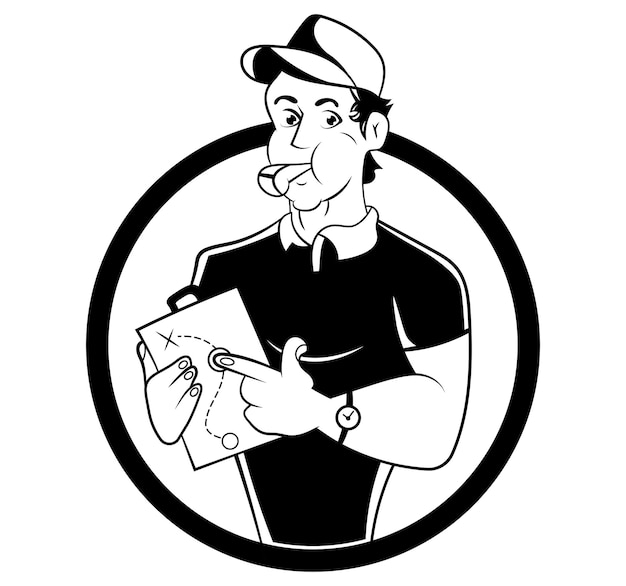 Cartoon komische stijl mannelijke coach zwart-wit logo in cirkel