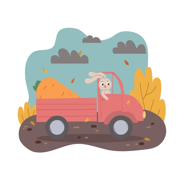 Cartoon konijn draagt wortel in een vrachtwagen in vlakke stijl.
