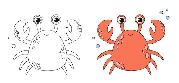 Vector cartoon krab kleurboek pagina met kleurrijke sjabloon leuke krab kleurboek