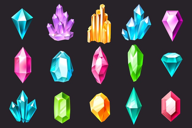 Cartoon kristallen. Kleurrijke sieraden edelstenen, edelstenen, luxe kristallen stalagmieten en stalactieten. Kwarts, saffier en amethist edelsteen vector set