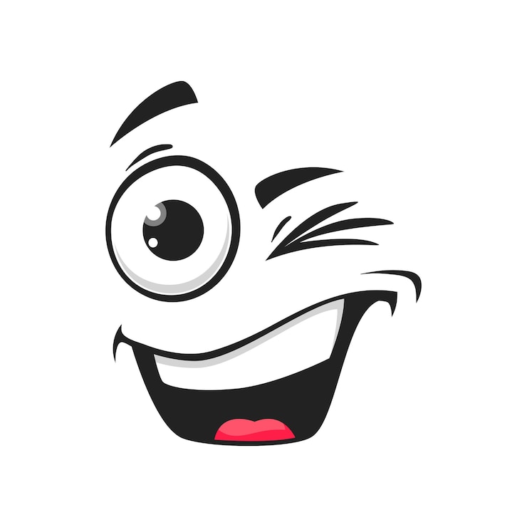Vector cartoon lachend gezicht met knipoog, grappige vector blink emoji met brede glimlach mond. gelukkige gezichtsuitdrukking, positieve gevoelens, vrolijk schattig karakter geïsoleerd ondeugend personage