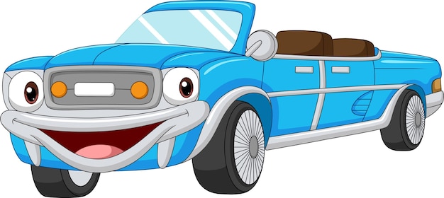 Cartoon lachende blauwe auto cabrio mascotte