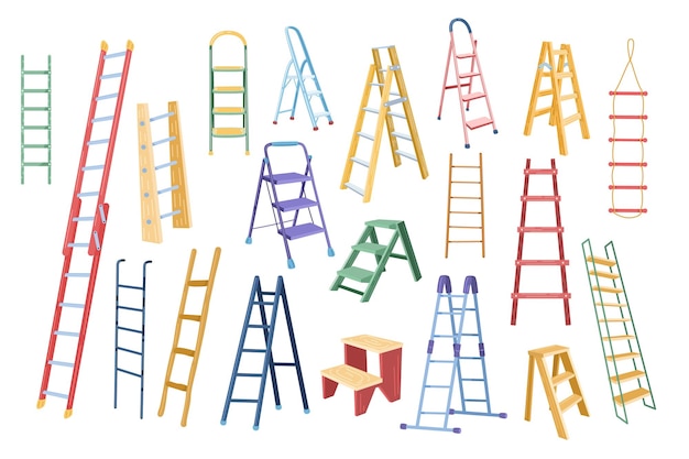 Vector cartoon ladder verschillende soorten trapladders hoge ladders voor het schalen van nieuwe hoogte geïsoleerde vector illustratie set