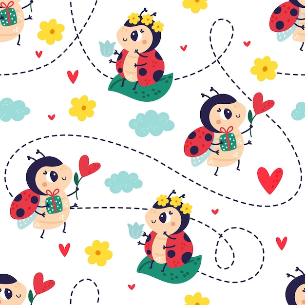 Reticolo senza giunte della coccinella del fumetto personaggi di scarabeo con cuori fiori e nuvole insetti a pois rossi stampa per bambini regali e corona floreale coccinelle felici sfondo vettoriale sgargiante