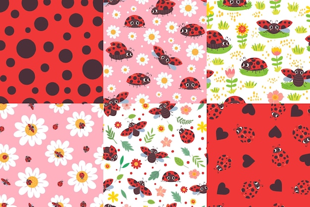 cartoon ladybug seamless pattern. ladybird texture, ladybugs in flowers and cute red bug illustration set.