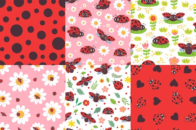 Vettore reticolo senza giunte della coccinella del fumetto. texture coccinella, coccinelle in fiori e simpatico set di illustrazioni di insetti rossi.