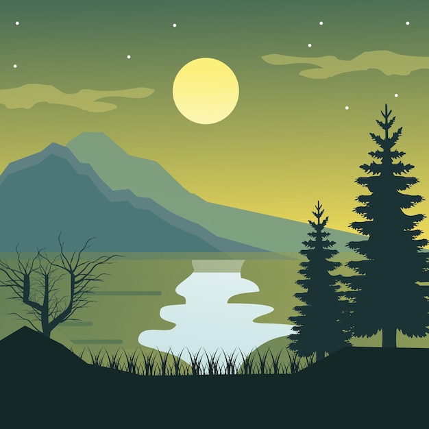 A cartoon of a lake with a mountain and a moon in the sky.