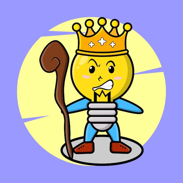 Cartoon lamp mascotte als wijze koning met gouden kroon en houten stok schattig modern design