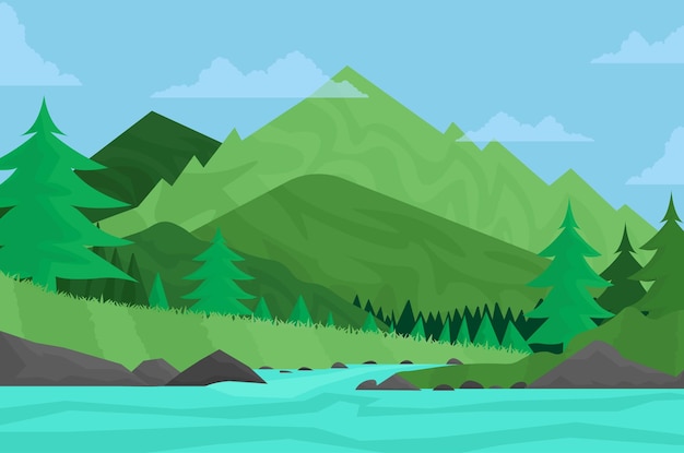 Cartoon landscape background Mountains green meadow forest lake Vector illustration