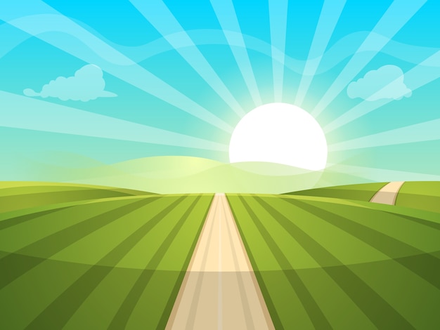 Vector cartoon landscape illustration. sun. road, cloud, hill.