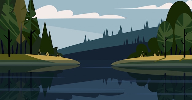 Cartoon landscape of nature, forest, mountains and lake. Flat landscape  illustration.