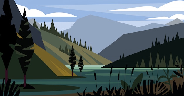 Vector cartoon landscape of nature, forest, mountains and lake. flat landscape  illustration.