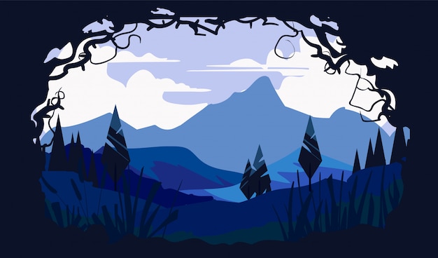 cartoon landscape of nature, mountains fields and trees. flat landscape  illustration