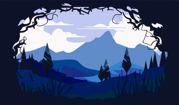 Cartoon landscape of nature, mountains fields and trees. flat landscape  illustration