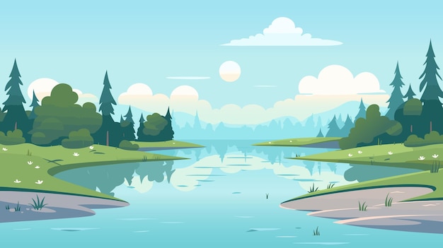 Cartoon landscape river bay water surface river banks with trees Cozy place background vector