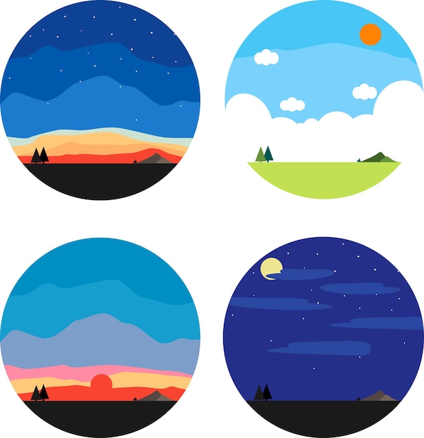 Vector cartoon landscape set sunrise day time sunset dawn evening twilight night time scape collection