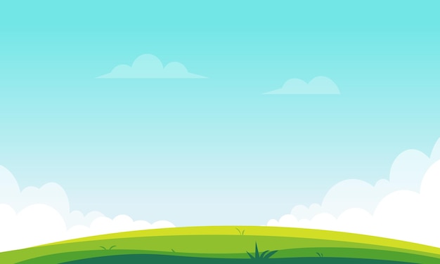 Vector cartoon landscape summer green fields view spring lawn hill and blue sky